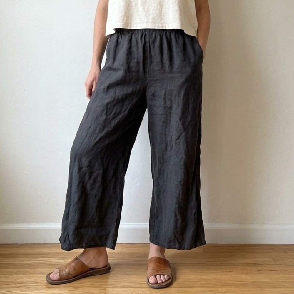Cut Loose Women Pants Small Black Elastic Waist Linen Wide Leg Lagenlook Pull On
